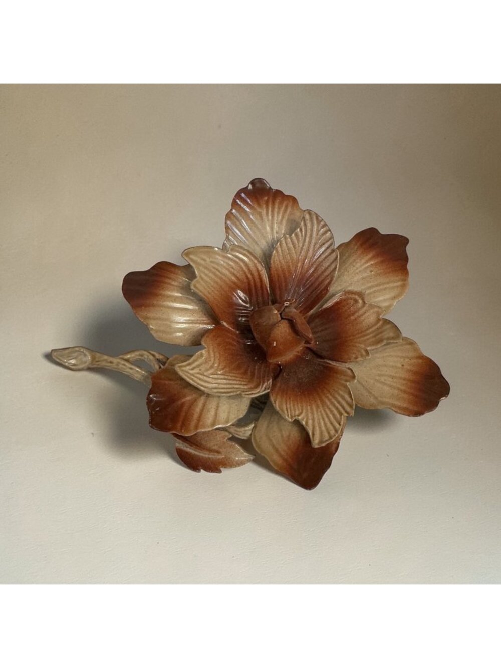 Vintage Hedy Signed Flower Brooch Brown-Toned Enamel 3" x 2.5" Elegant Retro Flo